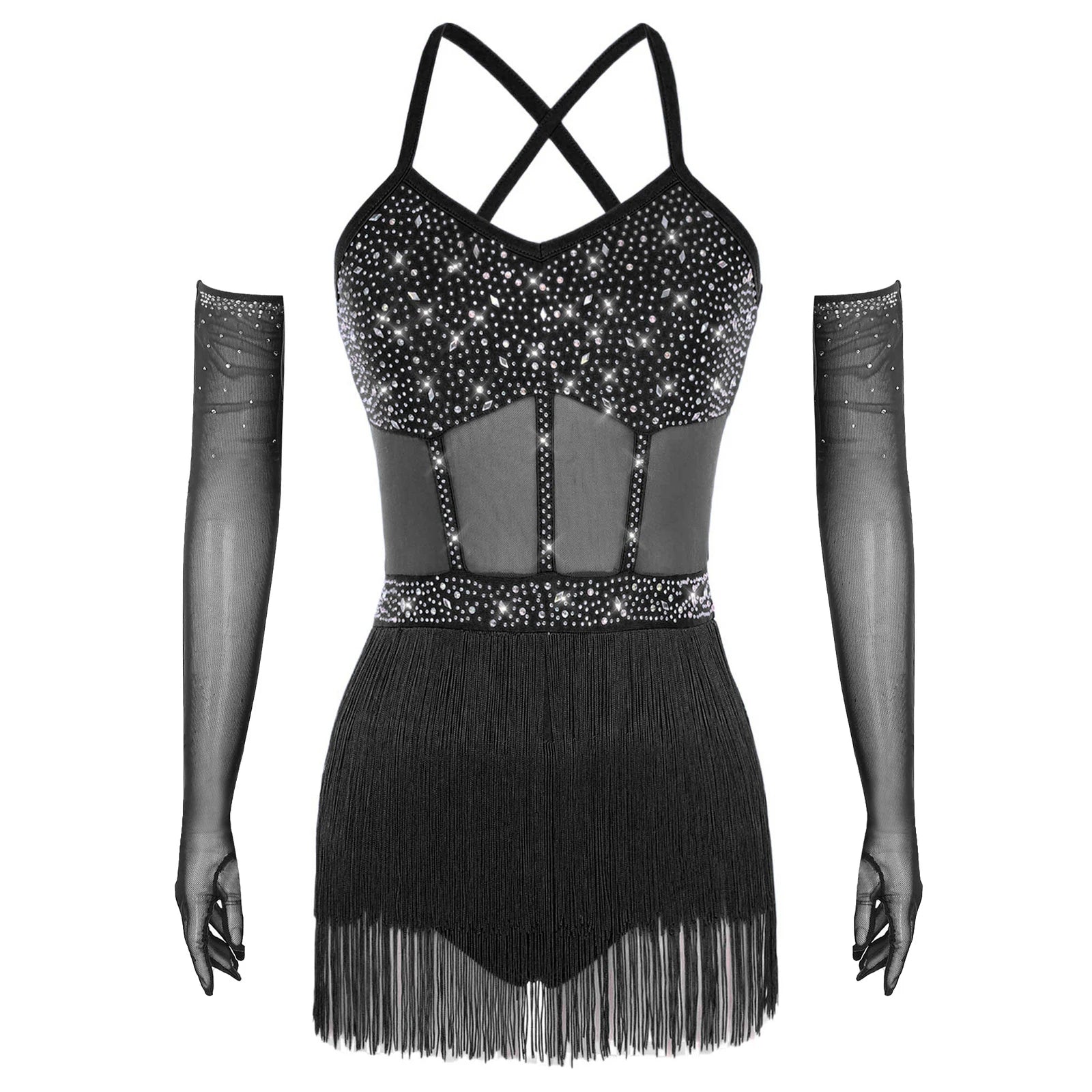 Rhinestone Latin Dance Dress, Mesh Tiered Tassel Bodysuit & Long Gloves Set