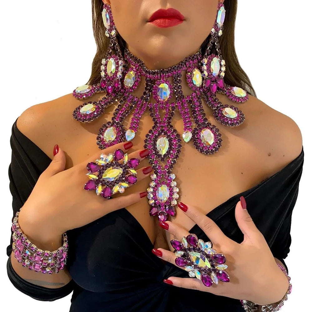 Purple Rhinestone Necklace, Earrings, Bracelet & Ring Set