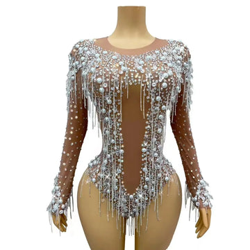 Sparkly Rhinestone, Pearl & Chain Long-Sleeve Mesh Bodysuit Stage Performance Costume