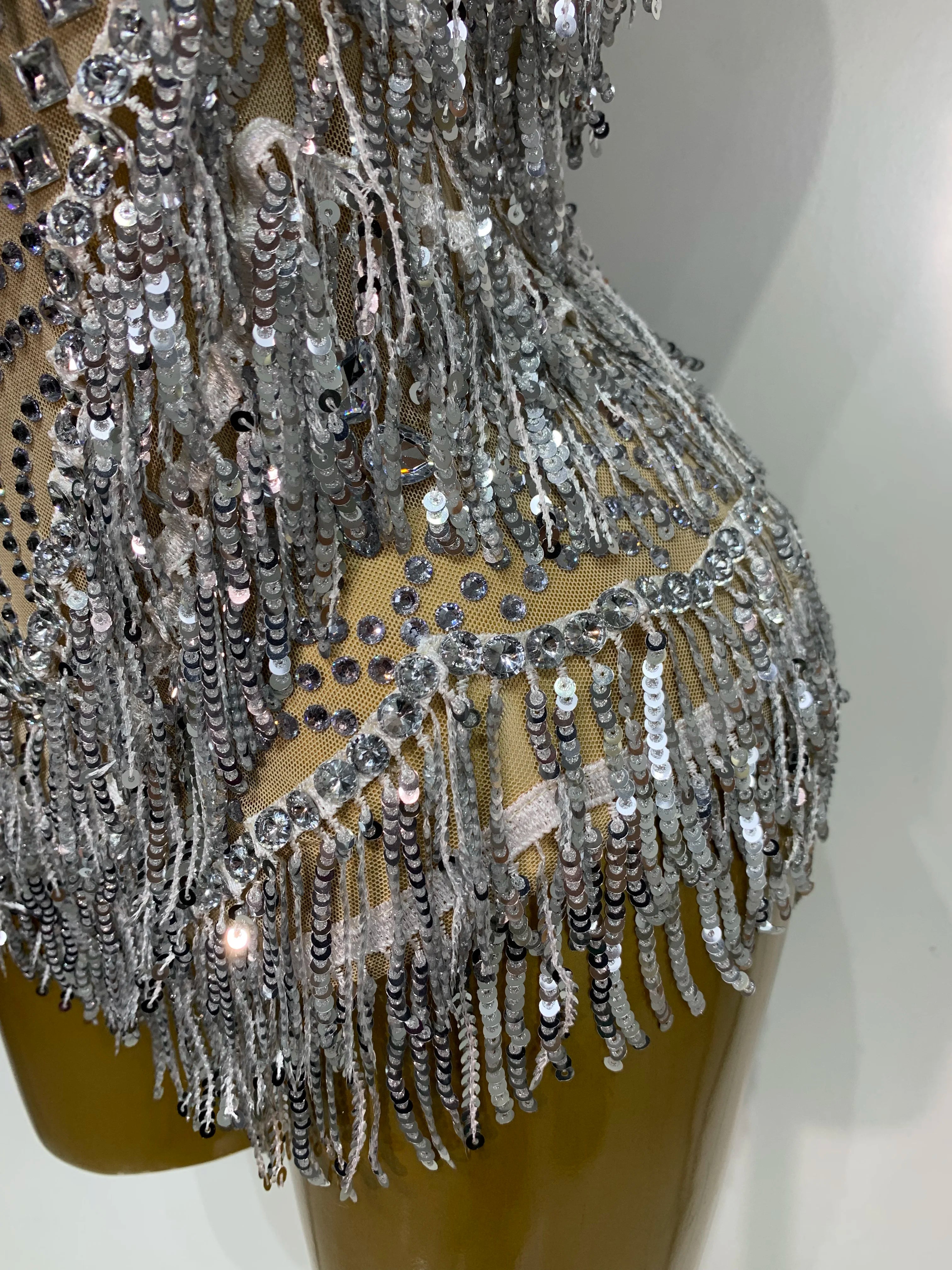 Sparkly Rhinestone Tassel Backless Mesh Bodysuit Luxury Stage Performance Costume