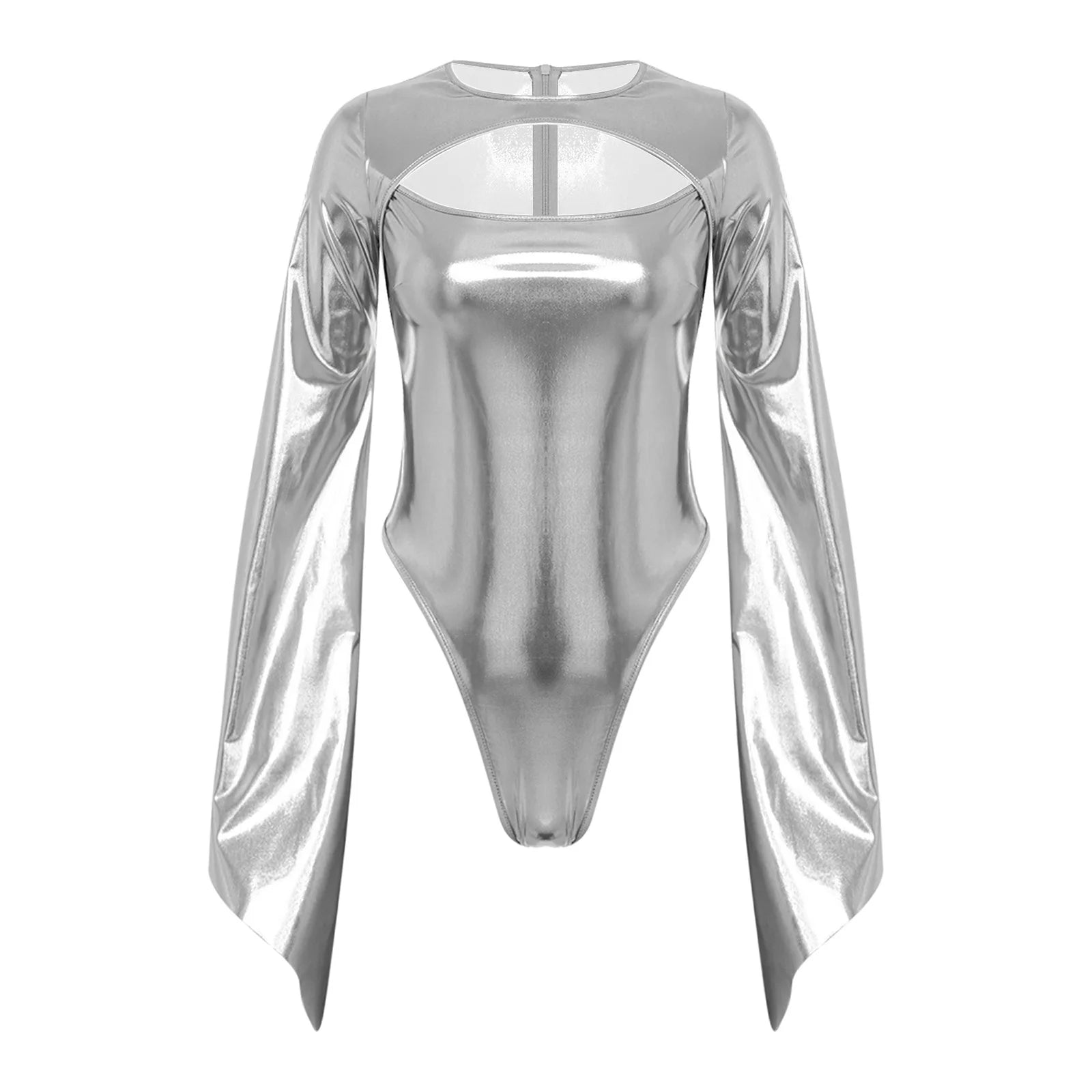 Metallic Flared Sleeve Cutout Disco Bodysuit & Metallic Rave Leotard