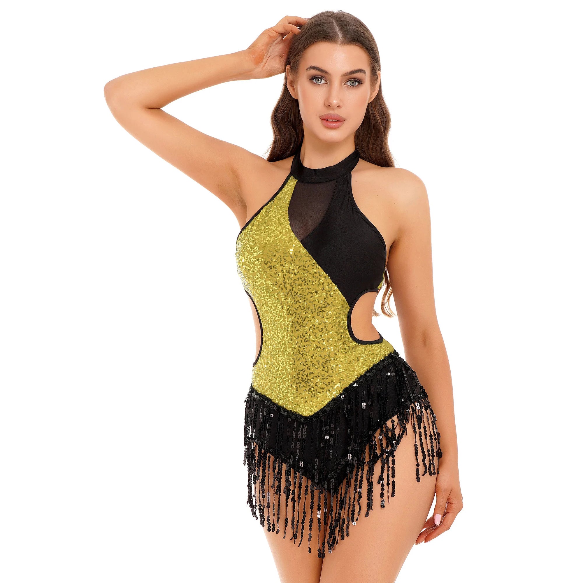 Sequined Fringe Latin Dance & Figure Skating Jumpsuit Leotard Set with Mesh Gloves