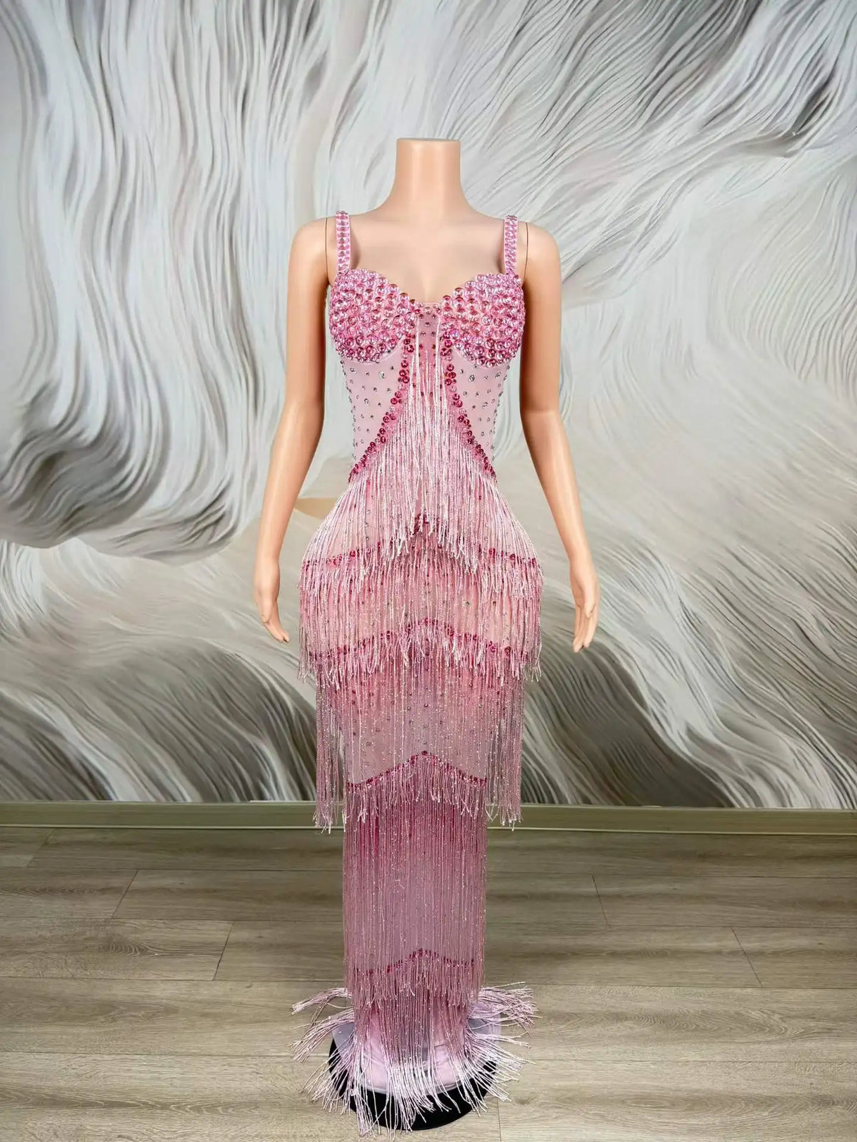 Women's Rhinestone Tassel Mesh Dress | Sparkly Stage & Nightclub Party Dress