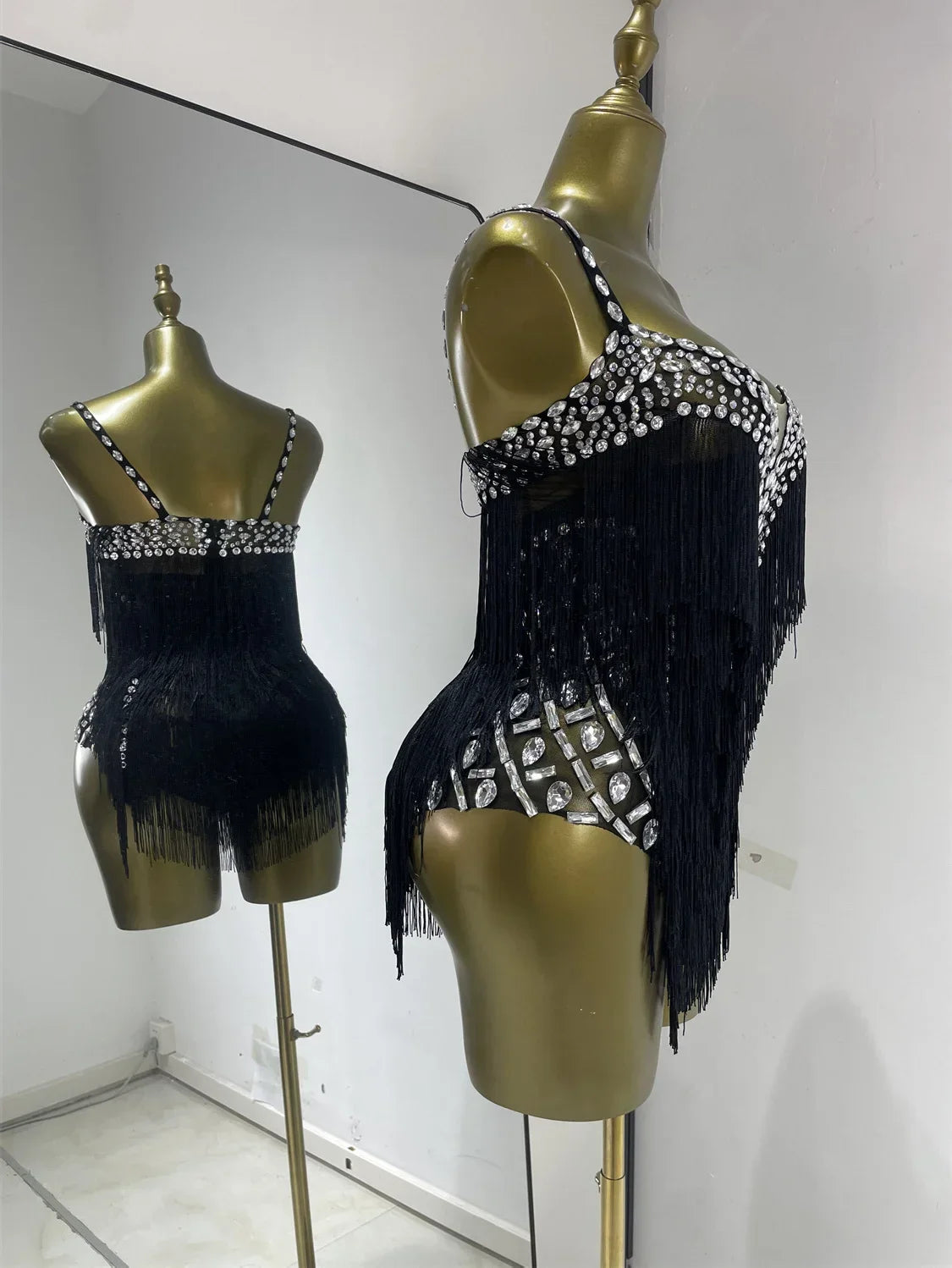 Women Black Bright Rhinestones Tassel Stretchy Mesh Thigh High Leotard Pole Dance Costumes Evening Party Club DJ Gogo Dress