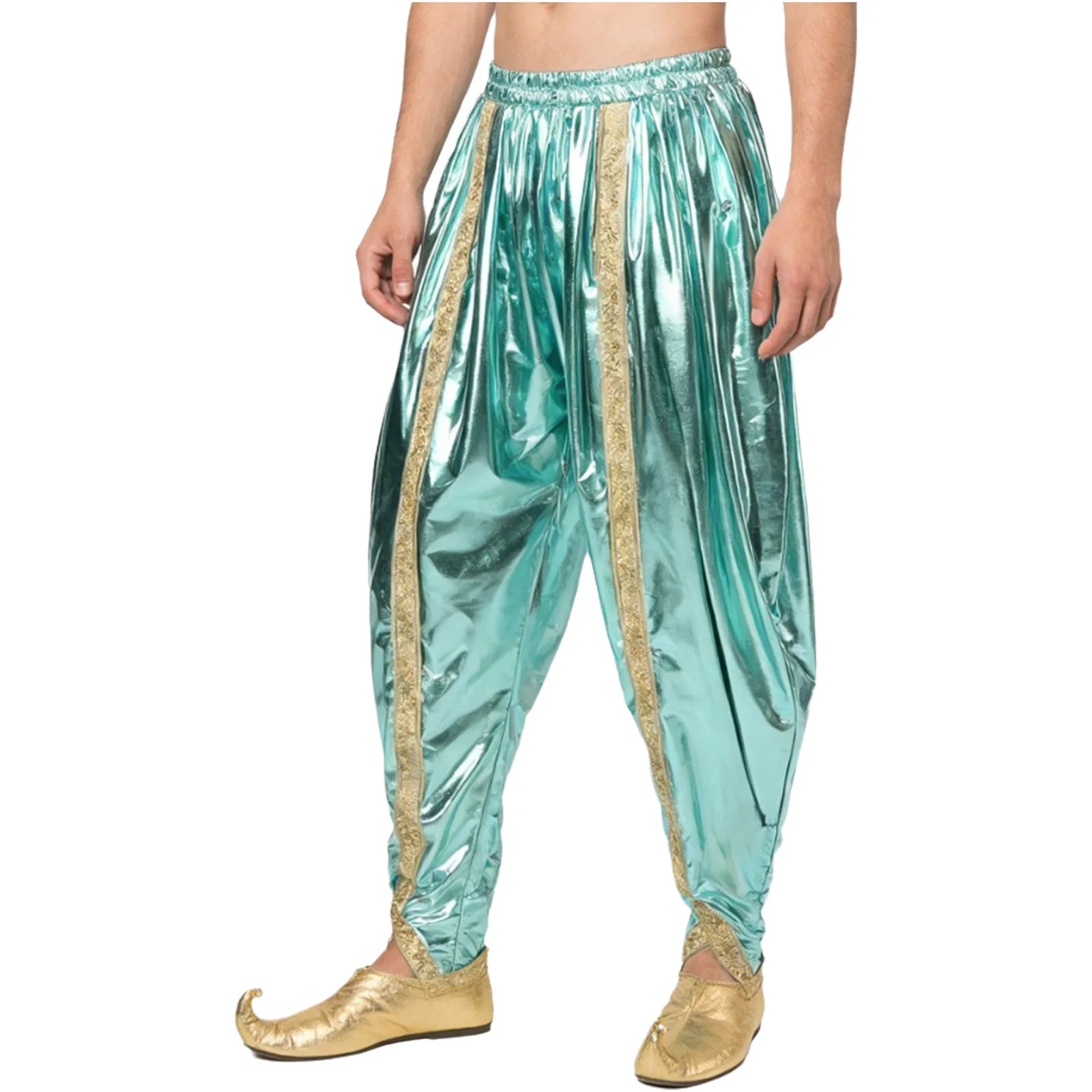 Men's Metallic Shiny Harem Dhoti Pants Gold Brocade Trim Prince Cosplay Costume