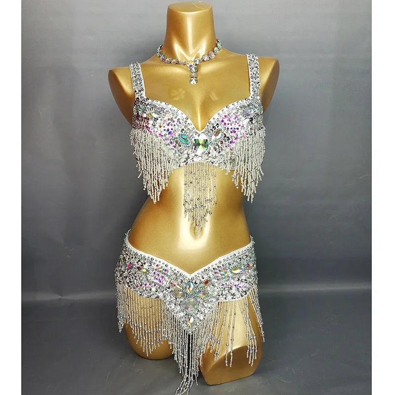 Dazzling Beaded & Sequined Belly Dance Bra & Belt 2-Piece Costume Set