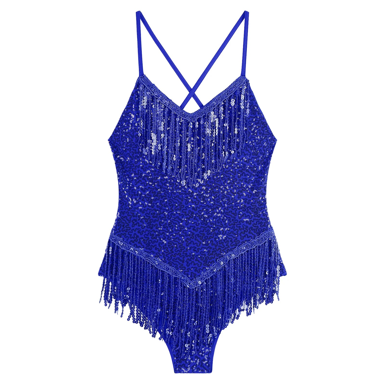 Sequins Fringed Cross Back Latin Dance Leotard Sleeveless V-Neck Bodysuit