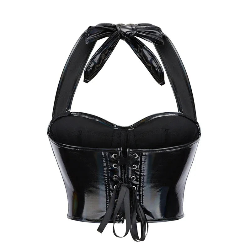 Black Shiny PU Leather Halter Corset Crop Top Push-Up Bustier Gothic Bra