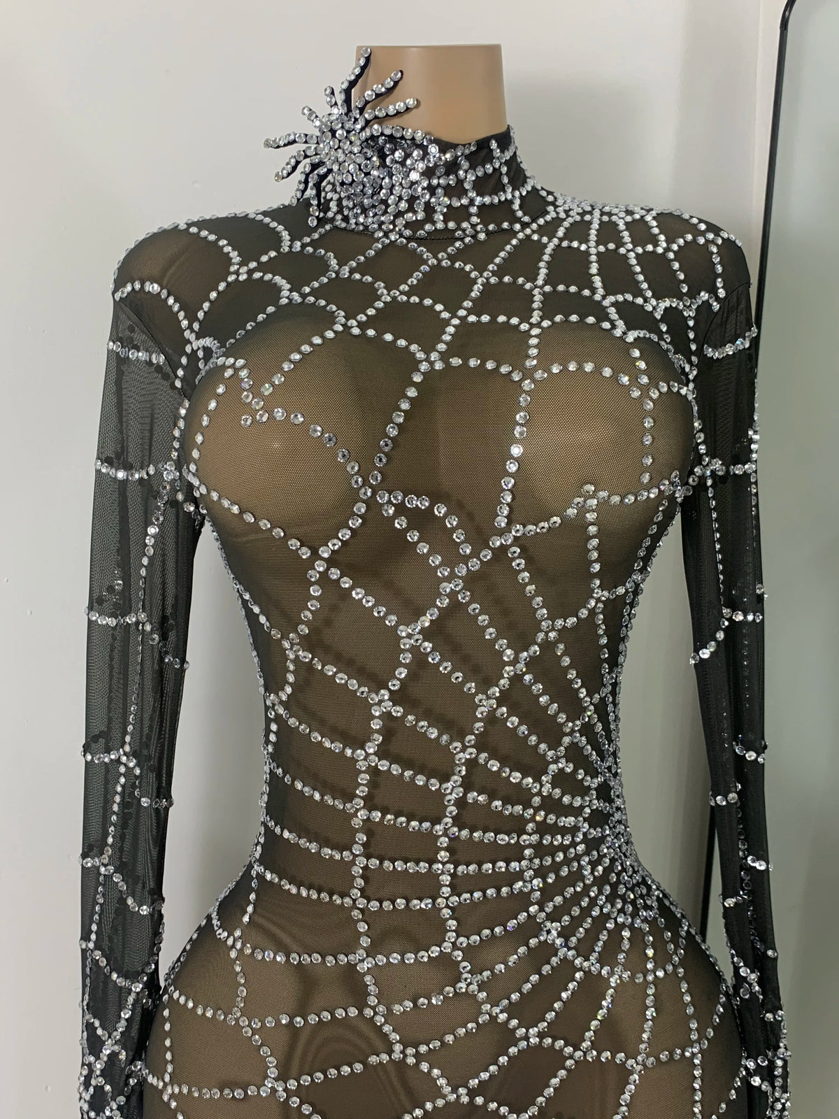 Black Spider Mesh Jumpsuit For Women Sexy Long Sleeve Performance Rompers Dance Show Stage Costume