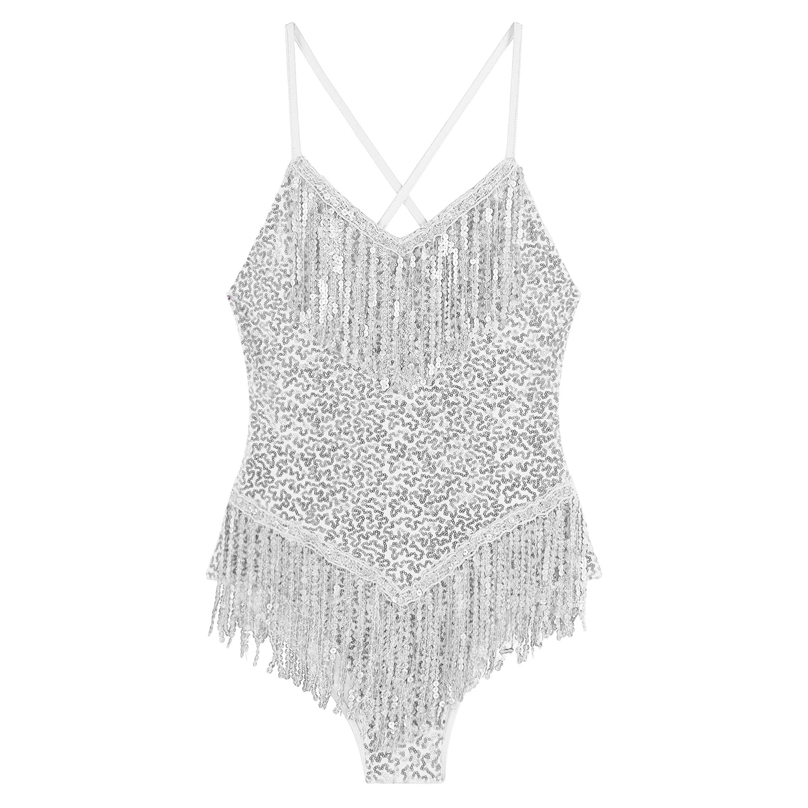 Sequins Fringed Cross Back Latin Dance Leotard Sleeveless V-Neck Bodysuit