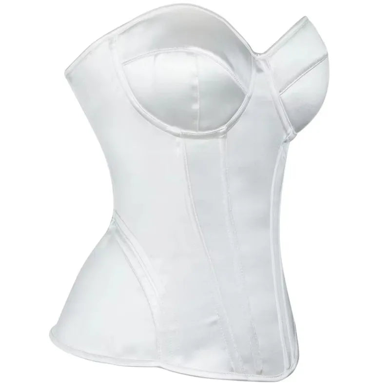 Overbust Corset Bustier Top Built-In Bra Cup Lace-Up Waist Cincher