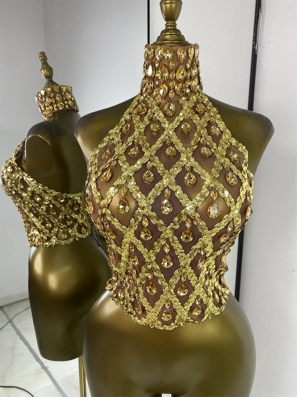 Sparkly Rhinestones Sequins Mesh Laced-Up Back Top