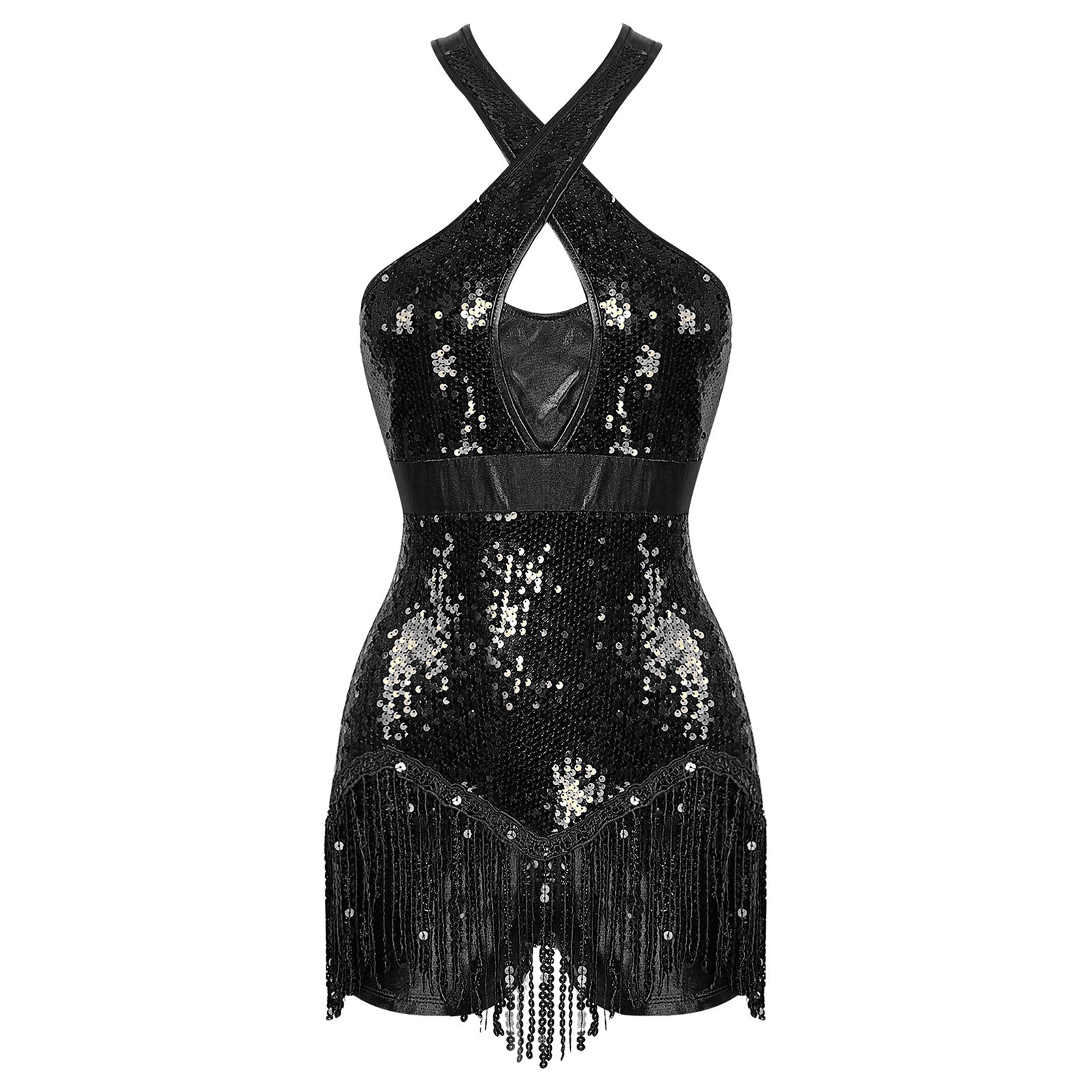 Sequined Fringe Cross-Front Latin Dance Leotard Costume Dress