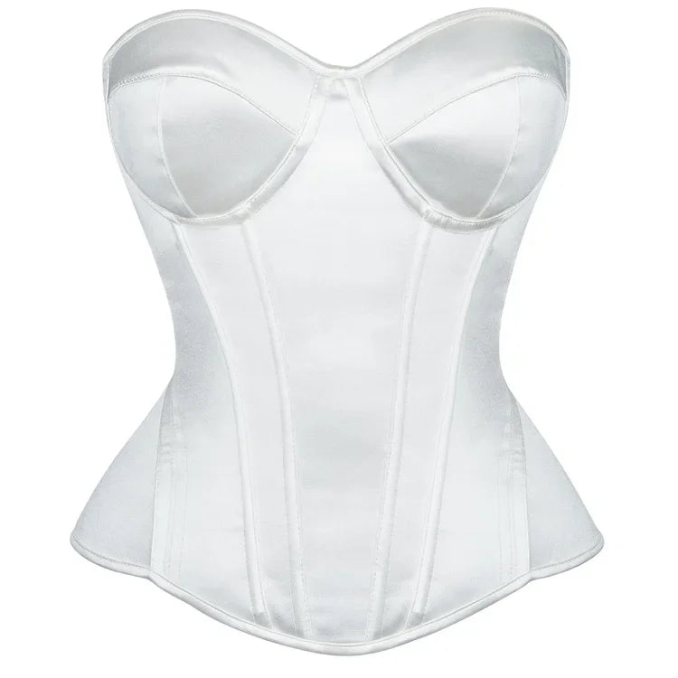Overbust Corset Bustier Top Built-In Bra Cup Lace-Up Waist Cincher