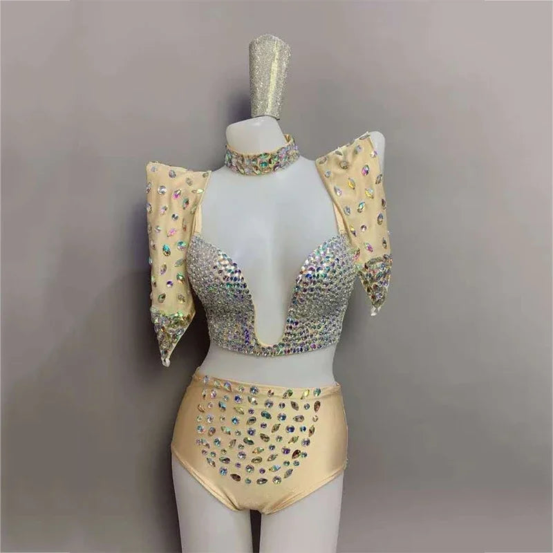 Multicolor Rhinestone Bra, Shorts & Gloves Dance Costume Set