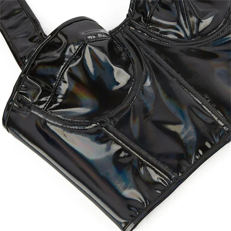 Black Shiny PU Leather Halter Corset Crop Top Push-Up Bustier Gothic Bra