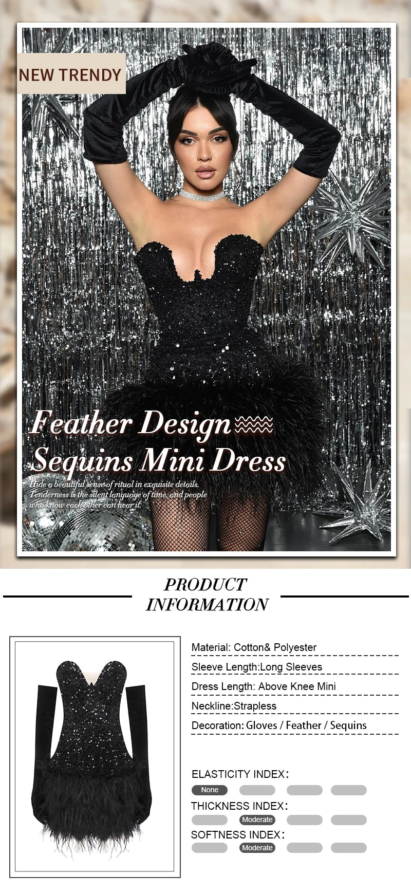 Black Sequin & Feather Strapless Mini Dress