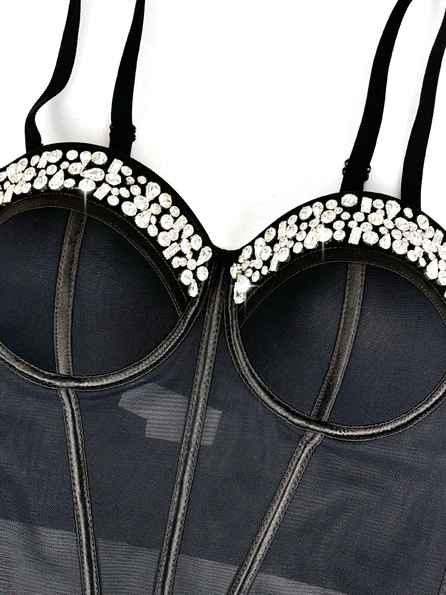Diamond Embroidered Bustier Corset Crop Top Asymmetric Stage Bralette