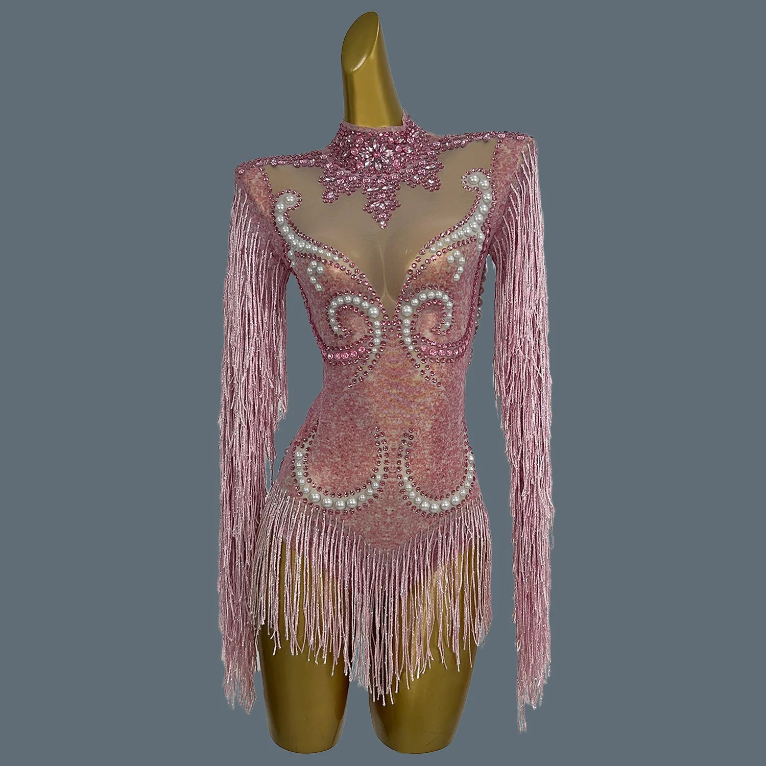 Pearl & Rhinestone Tassel Stage Costume Bodysuit Dance Leotard
