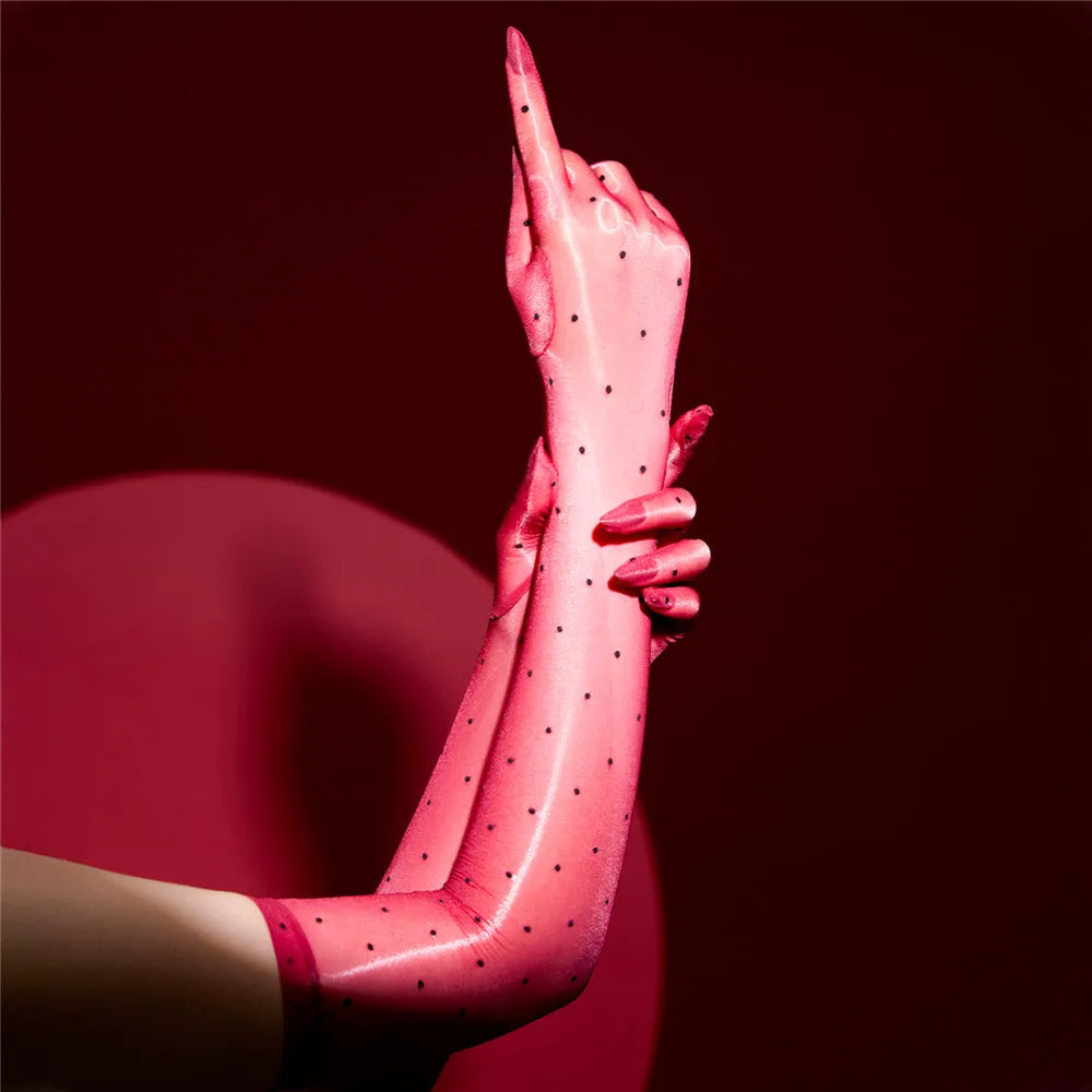 Sexy Women 1D Dot Ultra Thin Five Finger Long Glove Oil Shiny Glossy Sun Protection Glove Elastic Party Wedding Luxury Glove