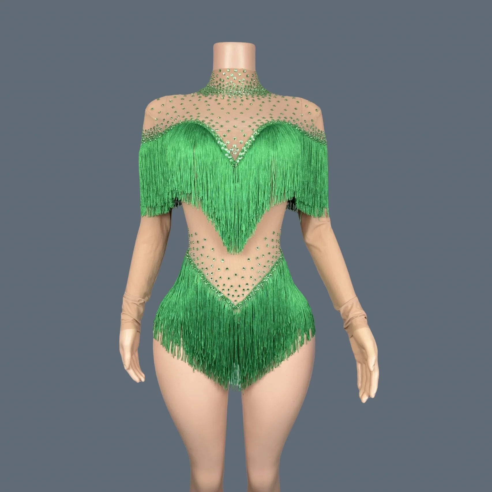 Sparkly Rhinestone Tassel Fringe Dance Performance Costume Stage Bodysuit