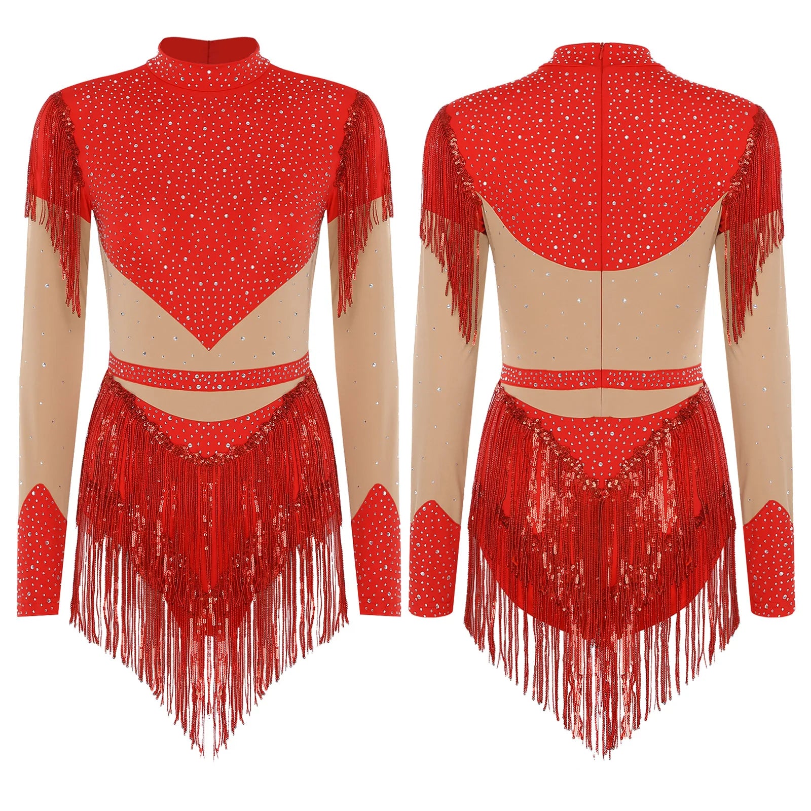 Rhinestone Sequin Tassel Long Sleeve Dance Jumpsuit Bodysuit