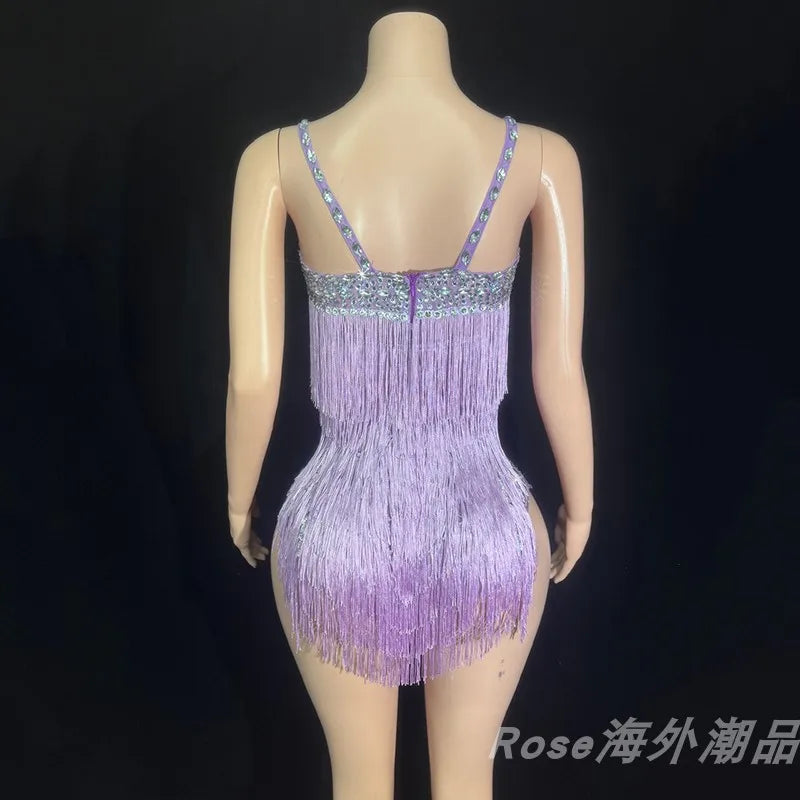 Custom Fringe Rhinestone Bodysuit & Stage Performance Dance Costume
