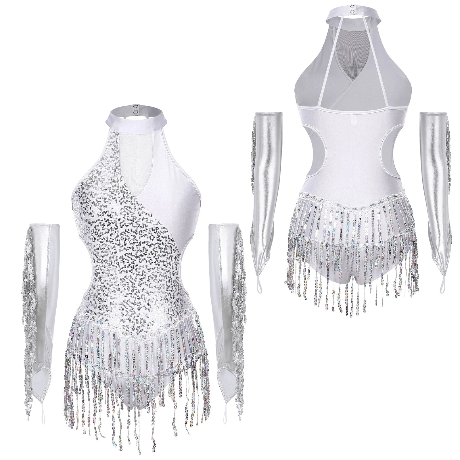 Sequined Fringe Latin Dance & Figure Skating Jumpsuit Leotard Set with Mesh Gloves