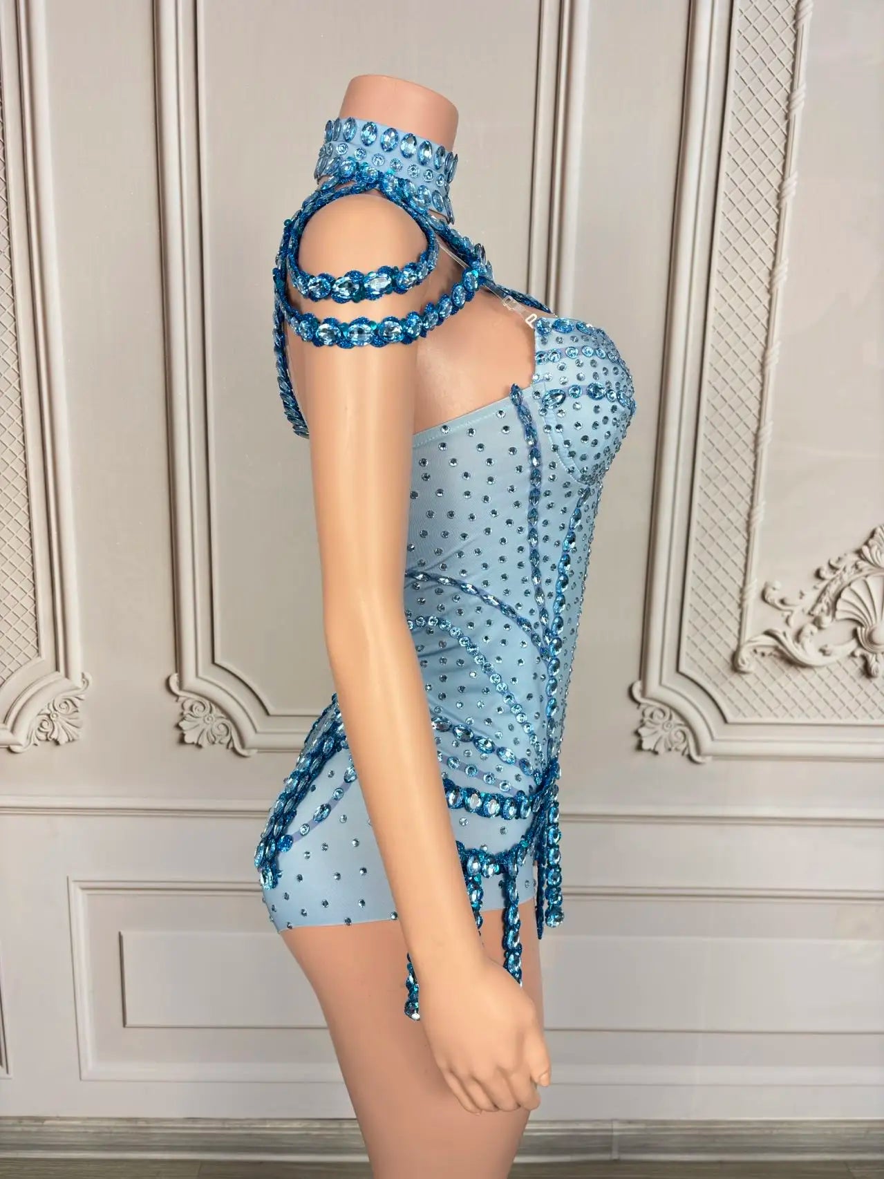 Sparkly Rhinestone Tassel Spandex Bodysuit Halter Dance Stage Costume Leotard