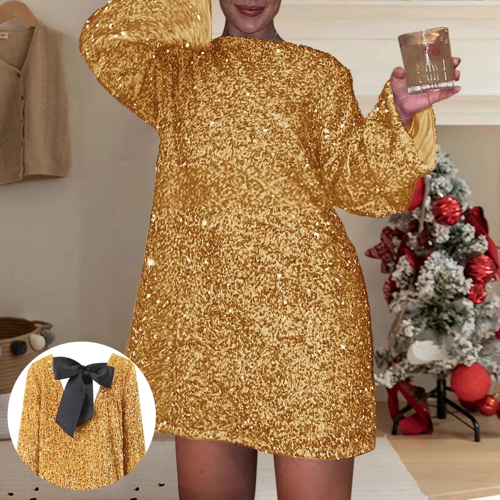 Shiny Sequin Bowknot Long Sleeve Glitter Evening Dress