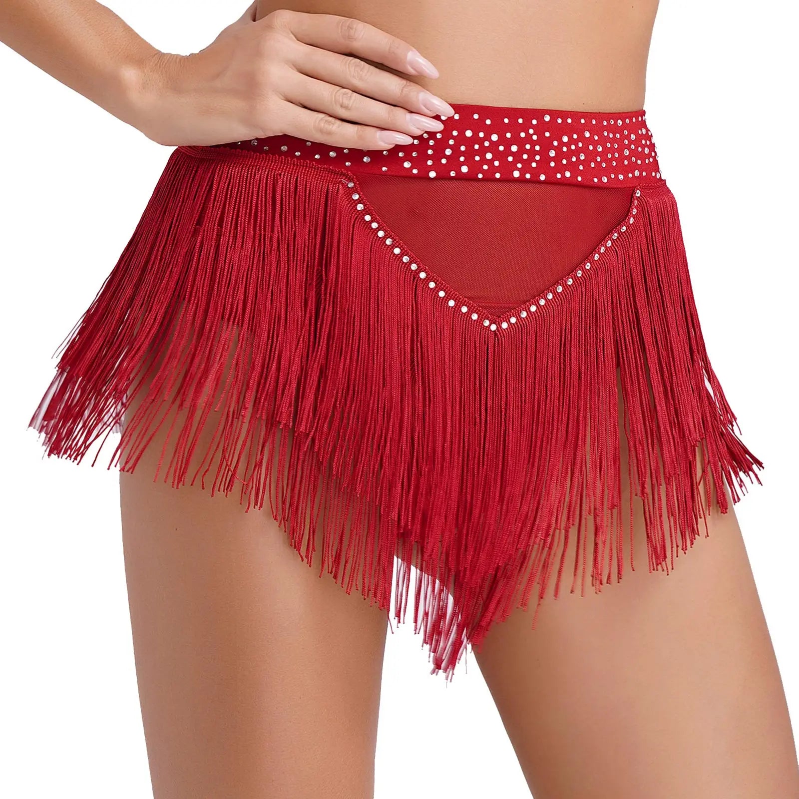 Rhinestone Tassel High-Waist Dance Shorts & Sheer Mesh Fringe Skirt
