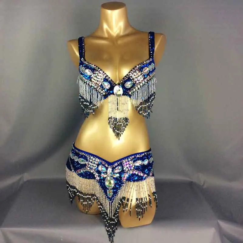Dazzling Beaded & Sequined Belly Dance Bra & Belt 2-Piece Costume Set