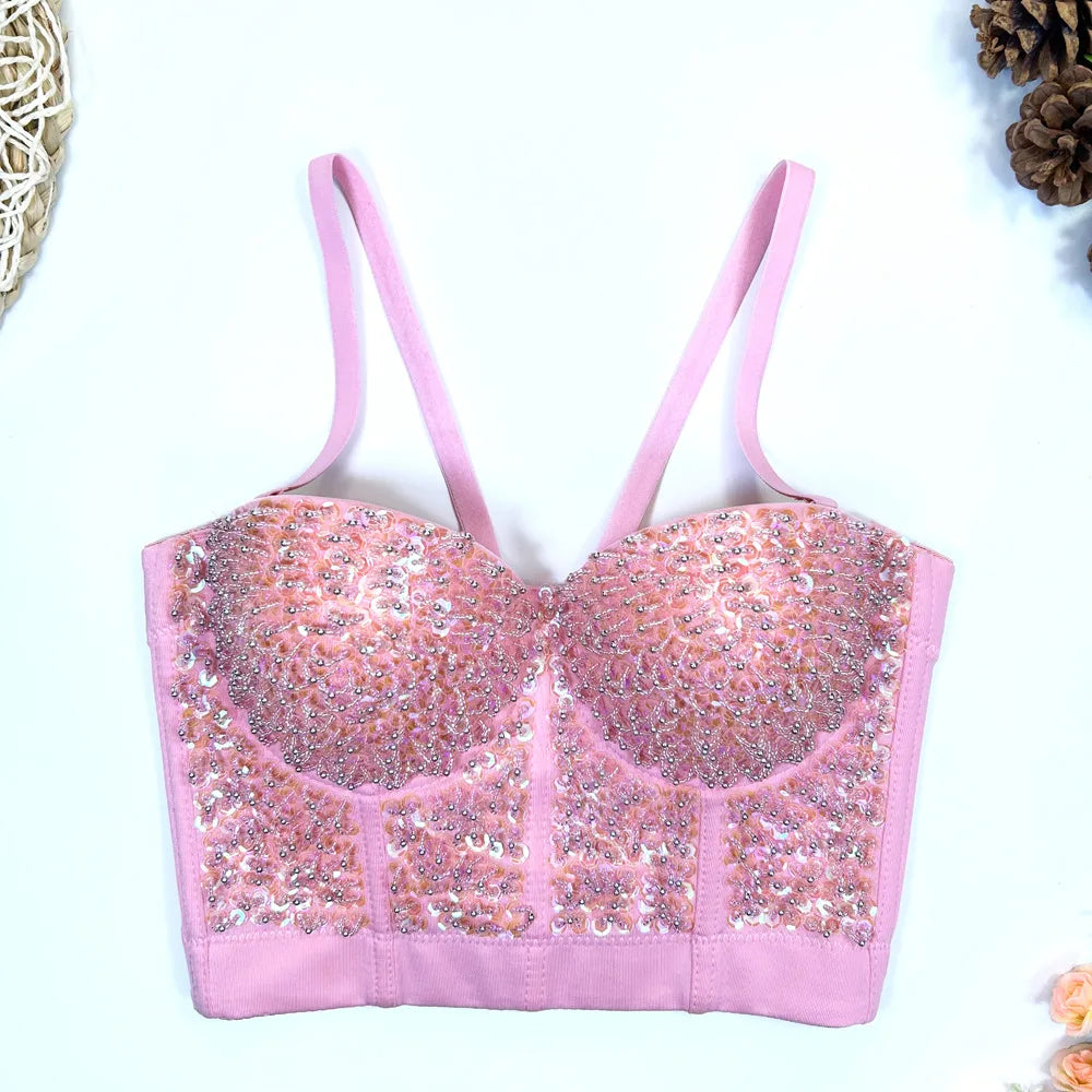 Gold Beaded Sequin Embroidery Bustier Corset Crop Top Party Bralette