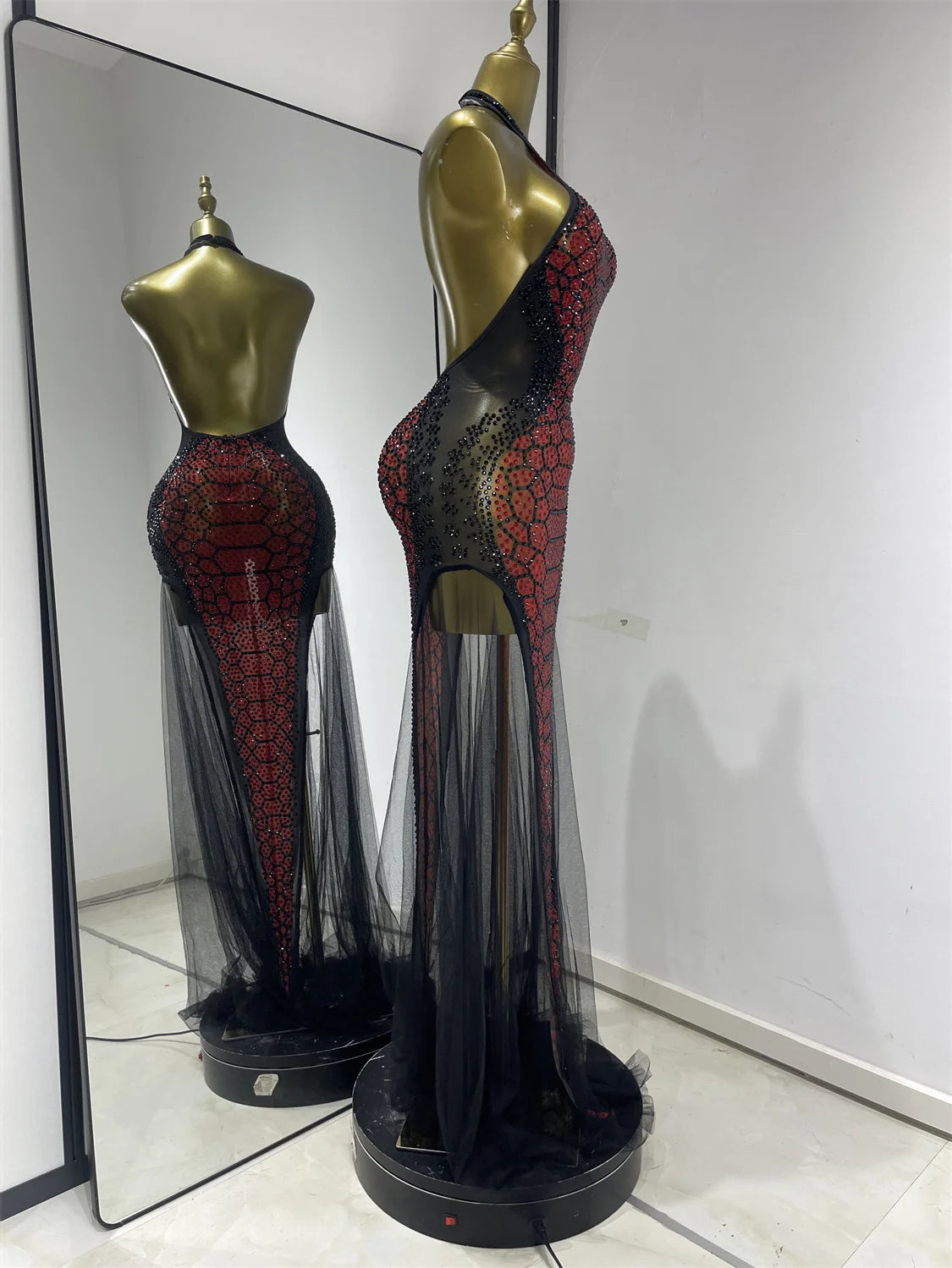 Claret Red Snakeskin Rhinestone Halter Gown Backless Mesh Illusion Evening Maxi Dress