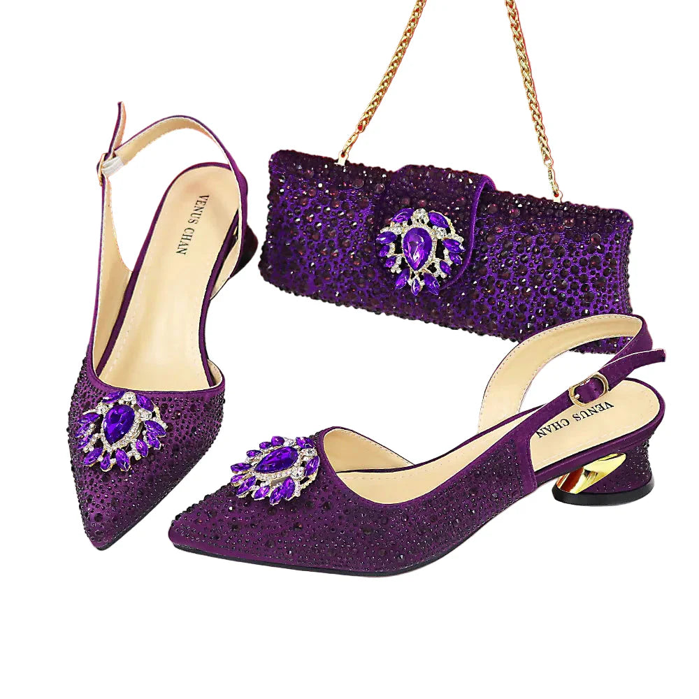 Design Pointed Toe Thin Heels Ladies Shoes Matching Bag Set