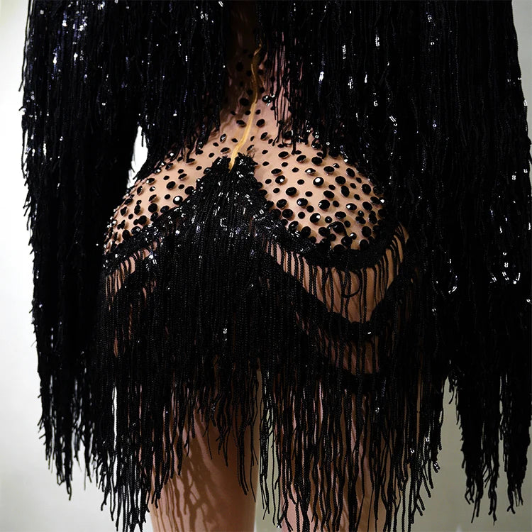 Rhinestone Tassel Fringe Jacket And Dress Costume Set