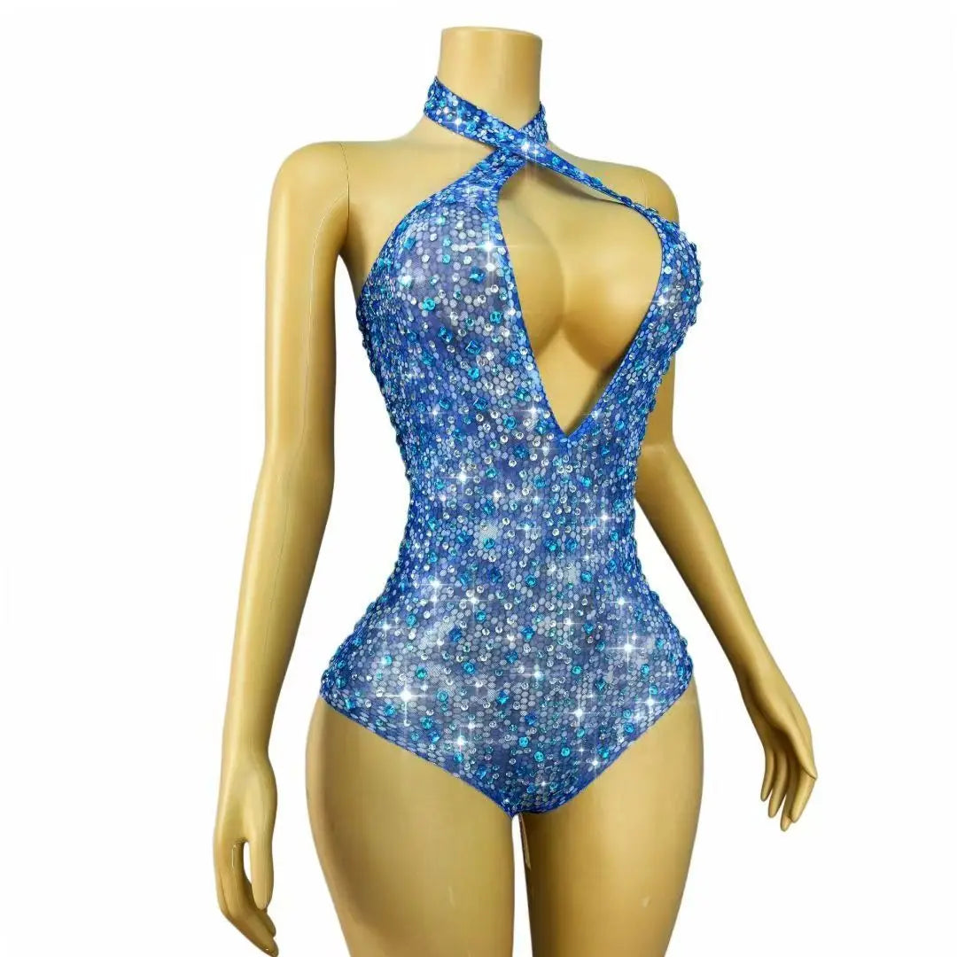 Blue Rhinestones Halter Off-Shoulder Deep V-Neck Mesh Leotard