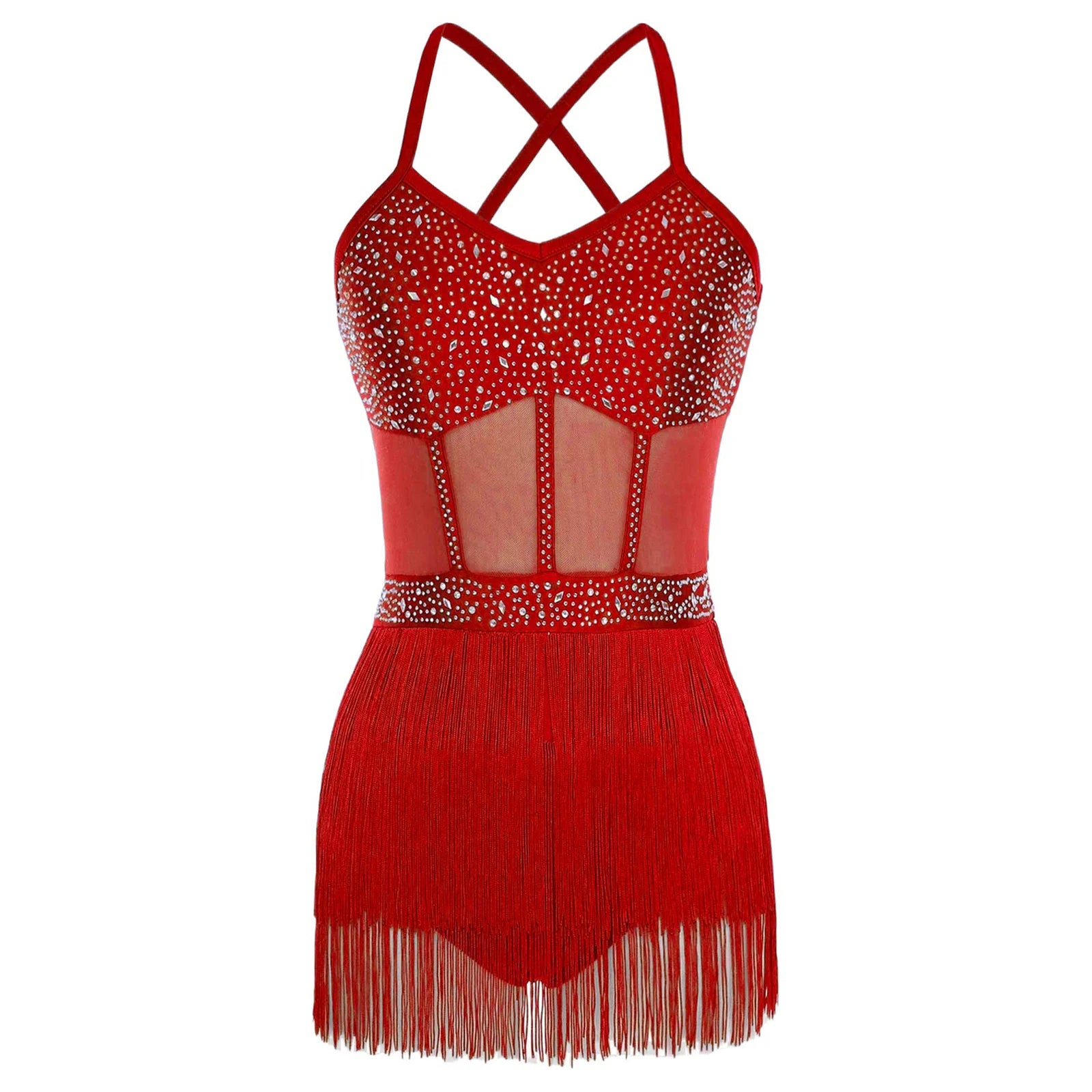 Rhinestone Latin Dance Dress, Mesh Tiered Tassel Bodysuit & Long Gloves Set