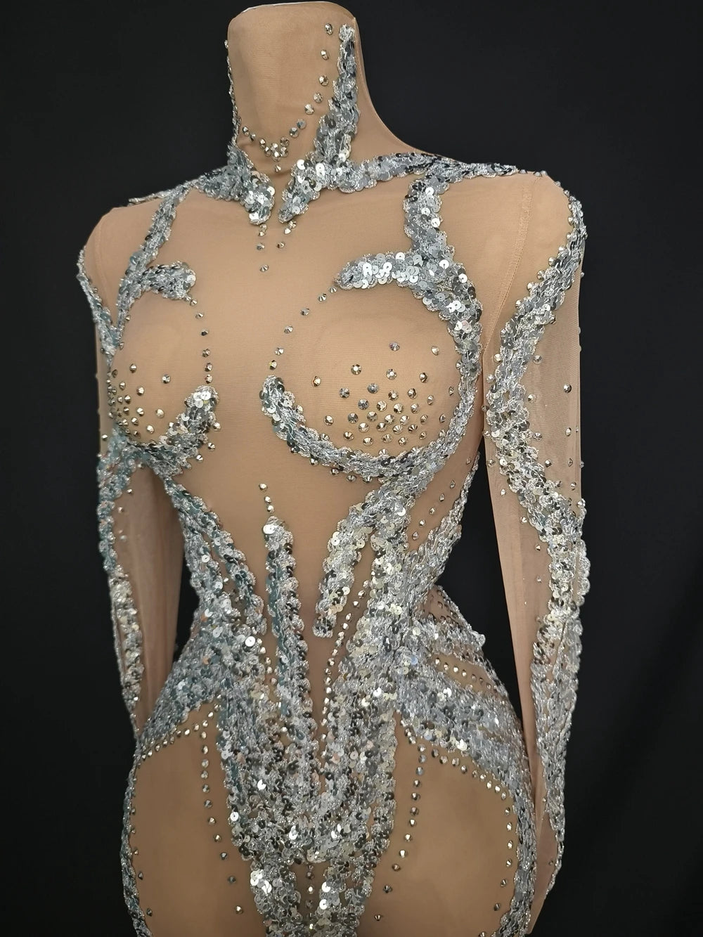 Sparkly Silver Rhinestone & Sequin Long-Sleeve Sheer Mini Dress Stage Performance Costume