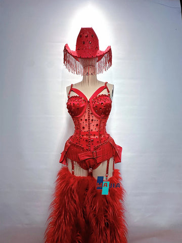 Crimson Red Crystal Corset Bodysuit, Feather Trailing Skirt & Cowgirl Hat 3-Piece Stage Costume Set