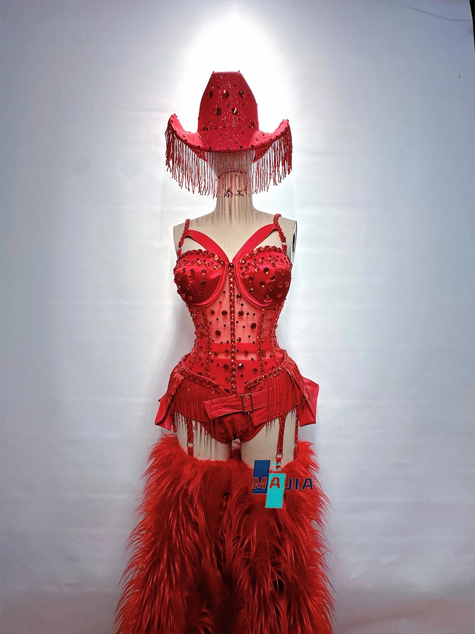 Crimson Red Crystal Corset Bodysuit, Feather Trailing Skirt & Cowgirl Hat 3-Piece Stage Costume Set