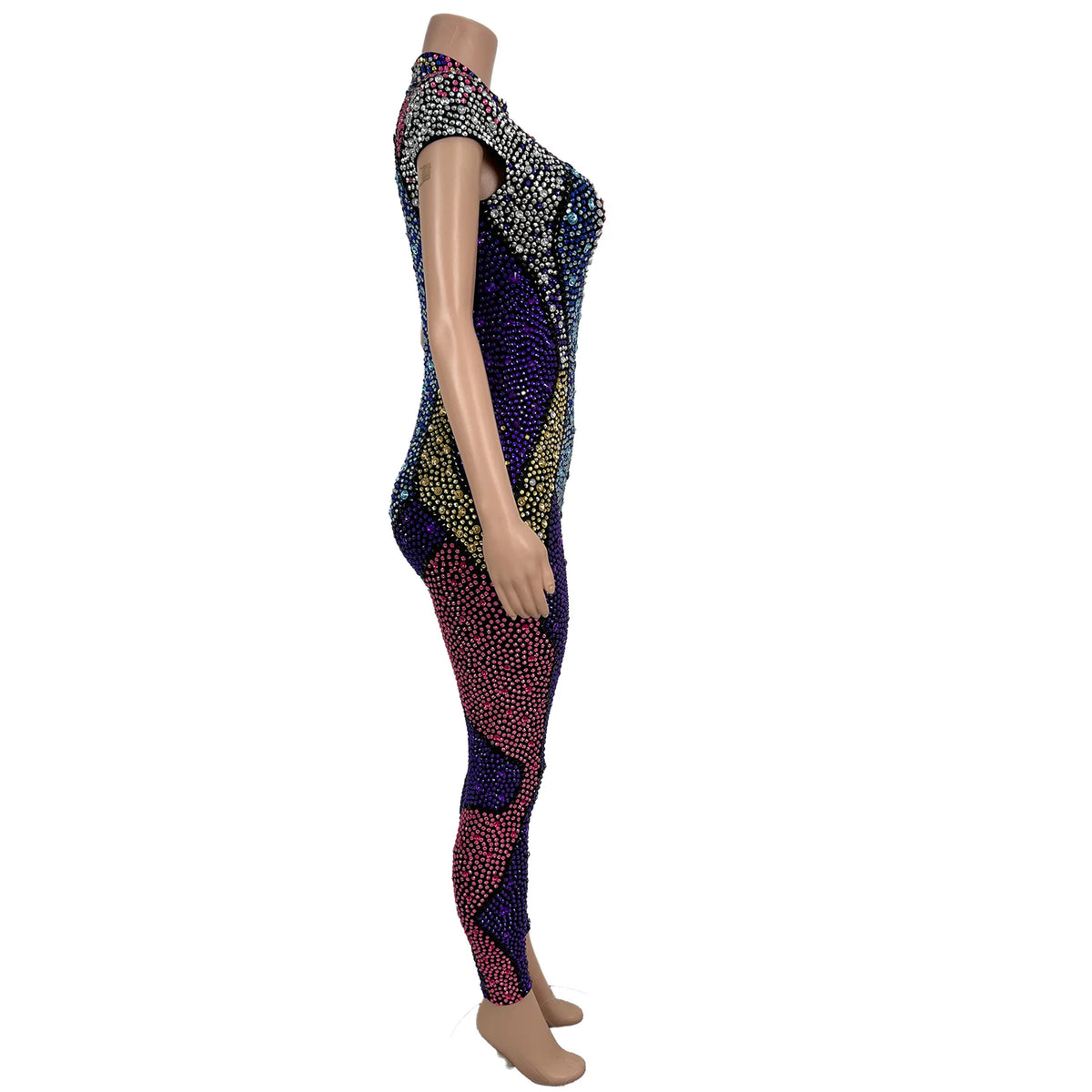 Women Sparkly Rhinestone Tight-Fitting Jumpsuit with Gloves Circus Stage Performance Costume