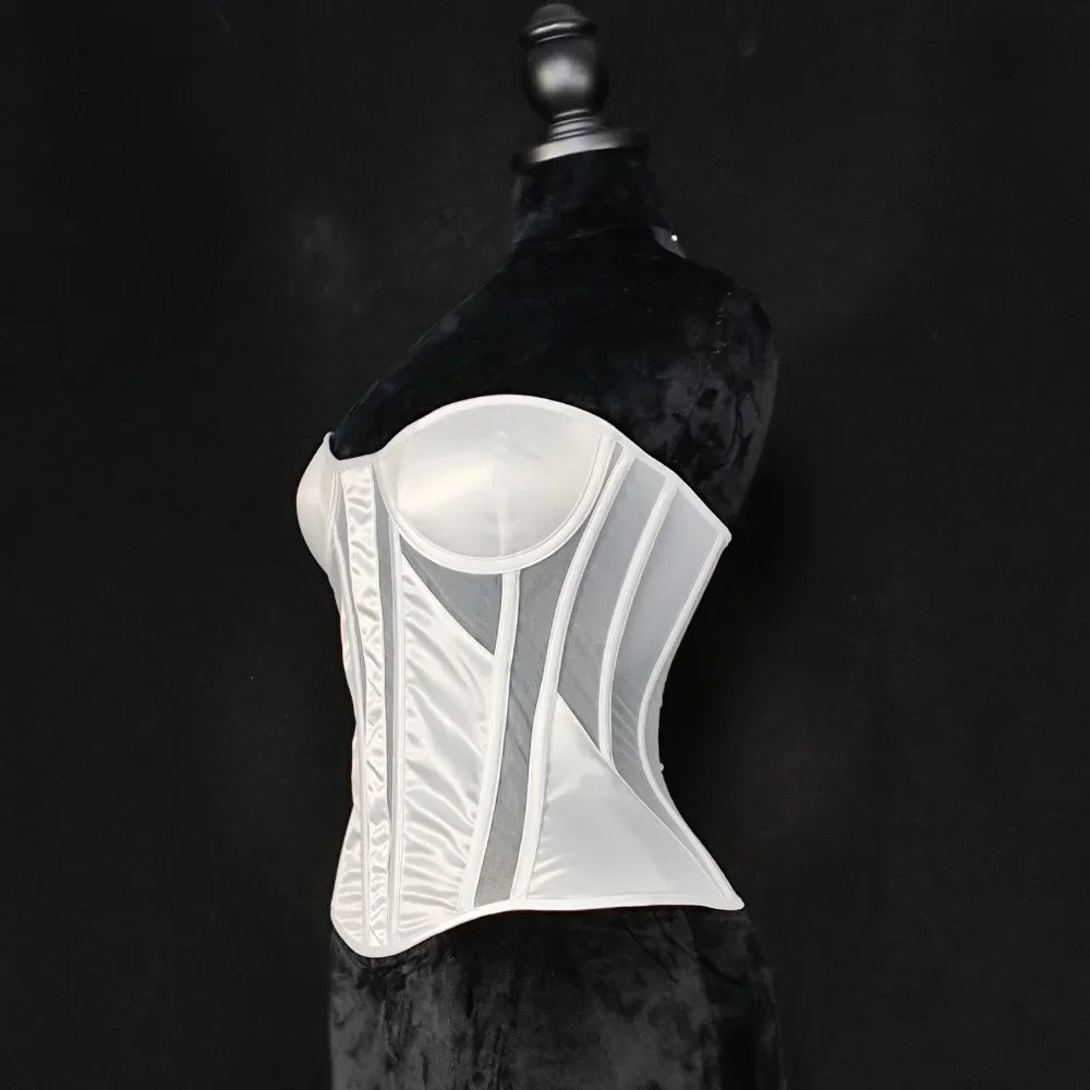 Strapless Breathable Mesh Corset Bustier Built-In Bra Boned Waist Cincher Top