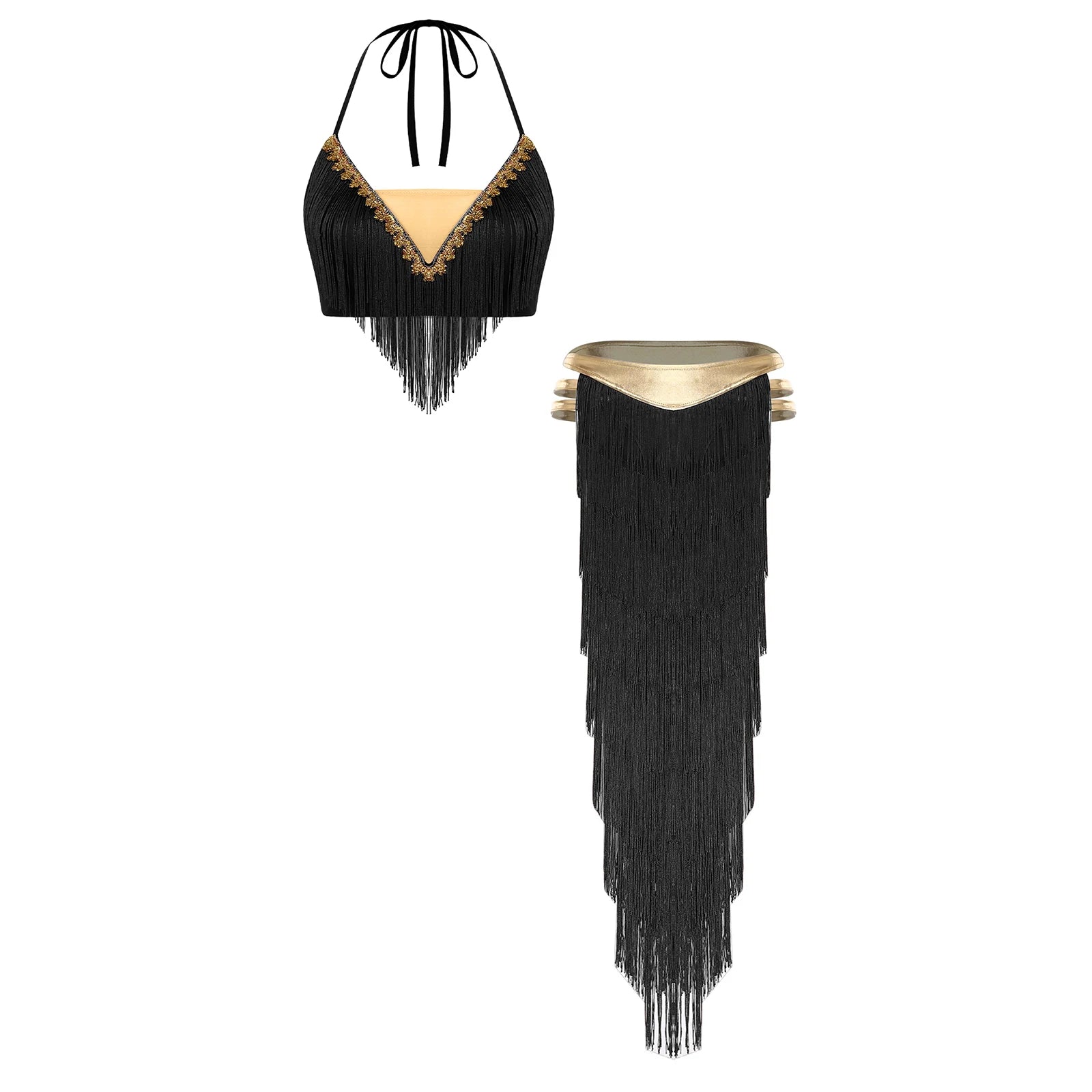 Gold Trim Halter Lace-Up Crop Top & Tiered Tassel Skirt Belly Dance Outfit