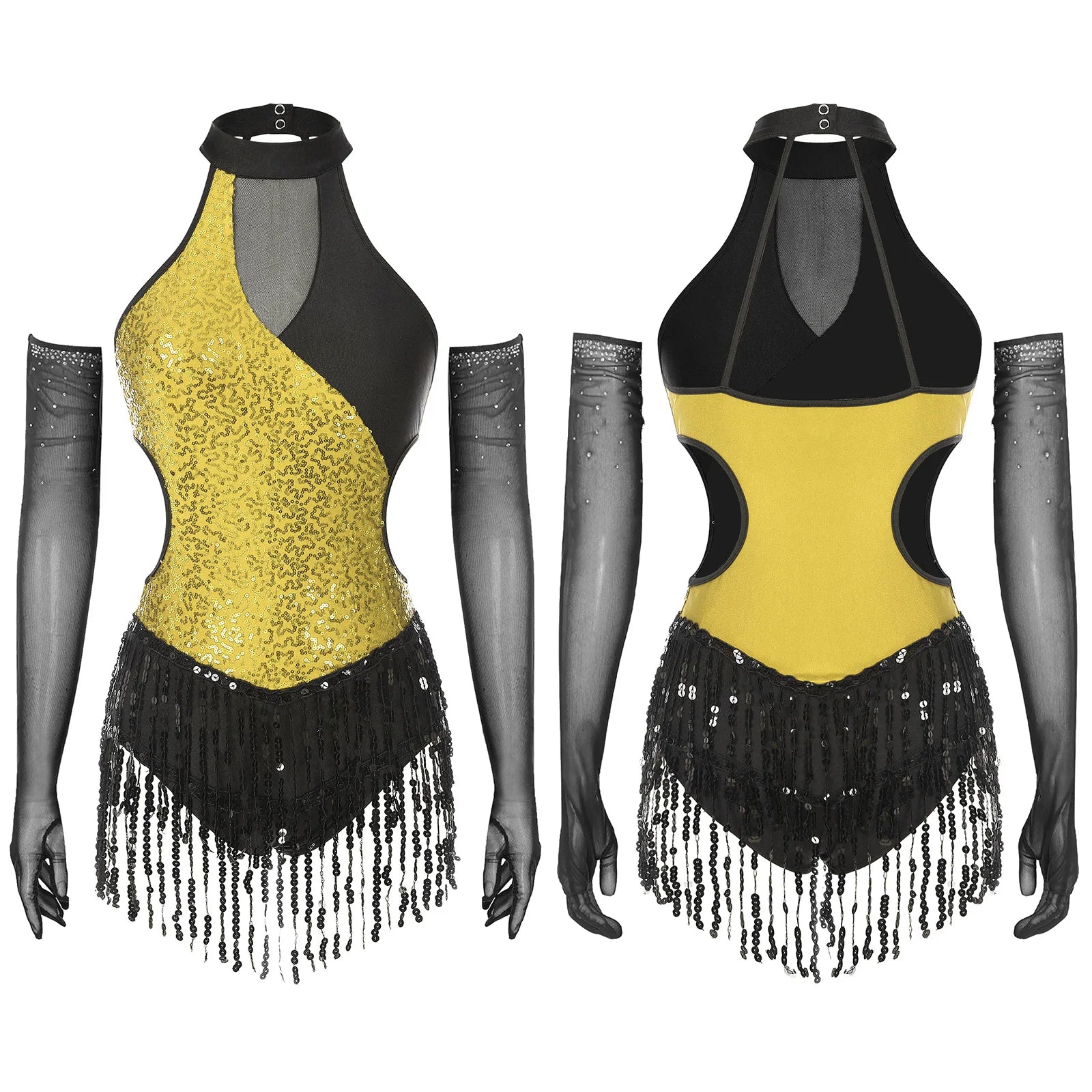 Sequined Fringe Latin Dance & Figure Skating Jumpsuit Leotard Set with Mesh Gloves