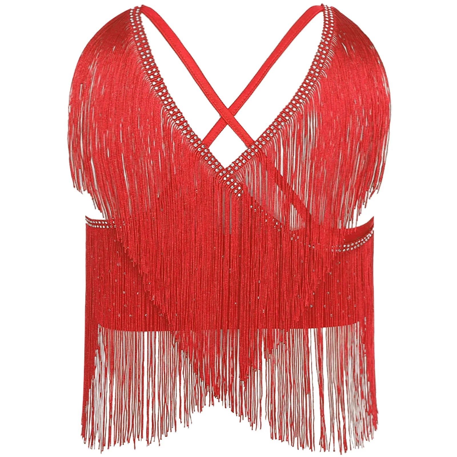 V-Neck Crisscross Back Tassel Fringe Crop Top Latin Salsa Dance Costume