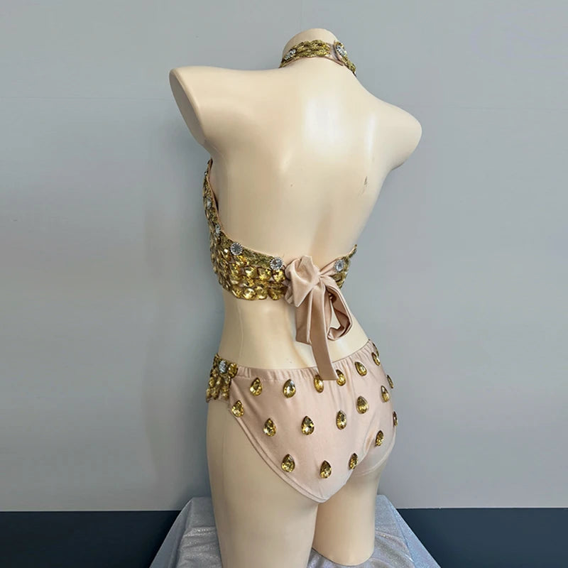 Gold Hollow-Out Rhinestone Bodysuit & Wristband Gogo Stage Performance Costume