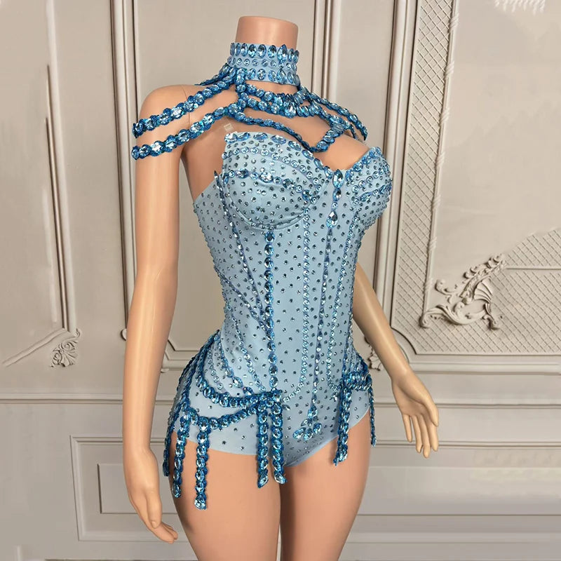 Rhinestone Embellished Performance Bodysuit with Tiered Sequins