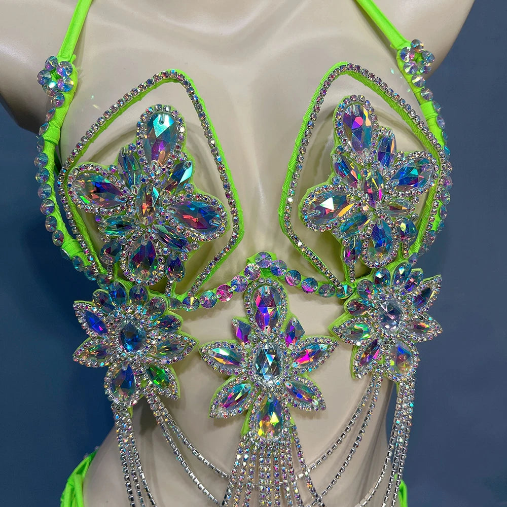 Handmade Samba Carnival Crystal Wire Bra, Panty & Belt 3-Piece Costume Set
