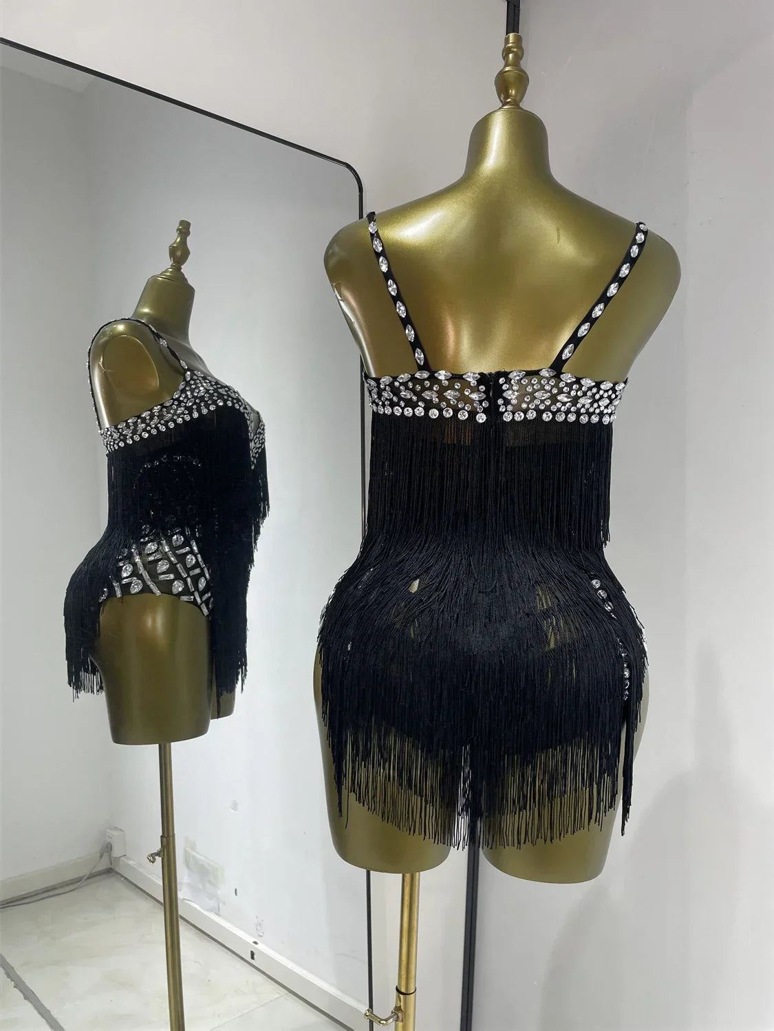 Women Black Bright Rhinestones Tassel Stretchy Mesh Thigh High Leotard Pole Dance Costumes Evening Party Club DJ Gogo Dress